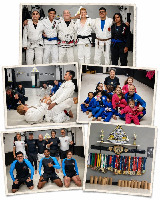 Colagem de fotos dos treinos de jiu-jitsu no CT Bushidô