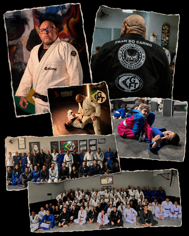 Colagem de fotos do mestre Fran do Carmo e alunos da academia Caveira BJJ treinando Jiu-Jitsu