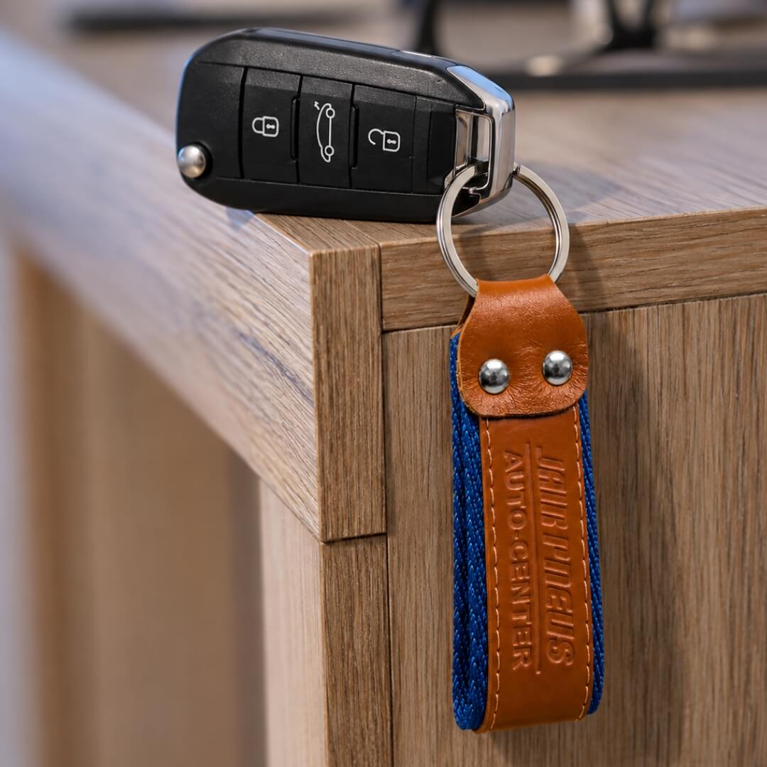 Chaveiro personalizado em couro sintético preso à chave de um carro